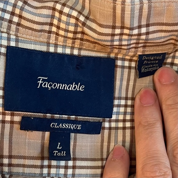 Façonnable Men’s Check Plaid Button Up Shirt - Beige / Brown / Blue, Large Tall - Picture 6 of 12